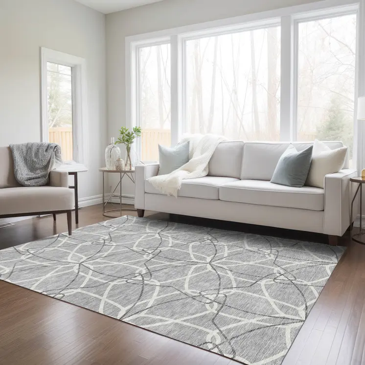 10' X 14' Gray And Ivory Geometric Washable Indoor Outdoor Area Rug