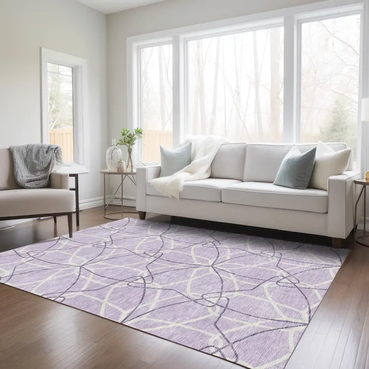5' X 8' Lavender And Ivory Geometric Washable Indoor Outdoor Area Rug