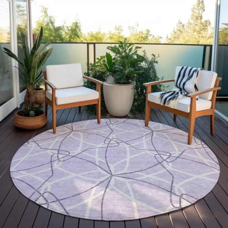 8' Lavender And Ivory Round Geometric Washable Indoor Outdoor Area Rug