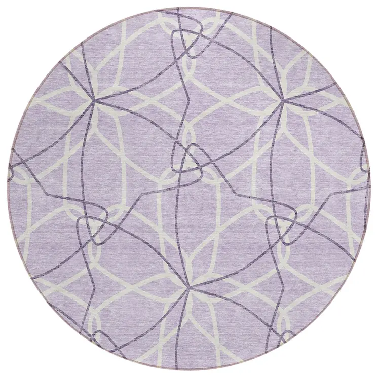 8' Lavender And Ivory Round Geometric Washable Indoor Outdoor Area Rug