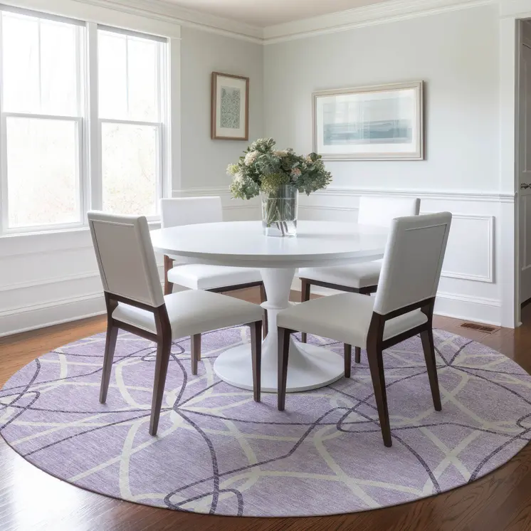 8' Lavender And Ivory Round Geometric Washable Indoor Outdoor Area Rug