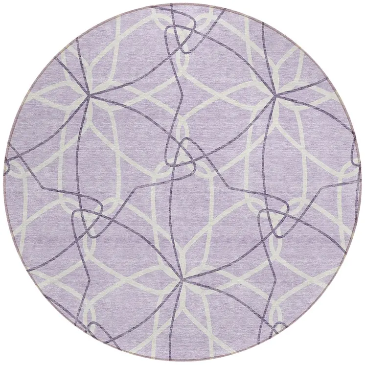 8' Lavender And Ivory Round Geometric Washable Indoor Outdoor Area Rug