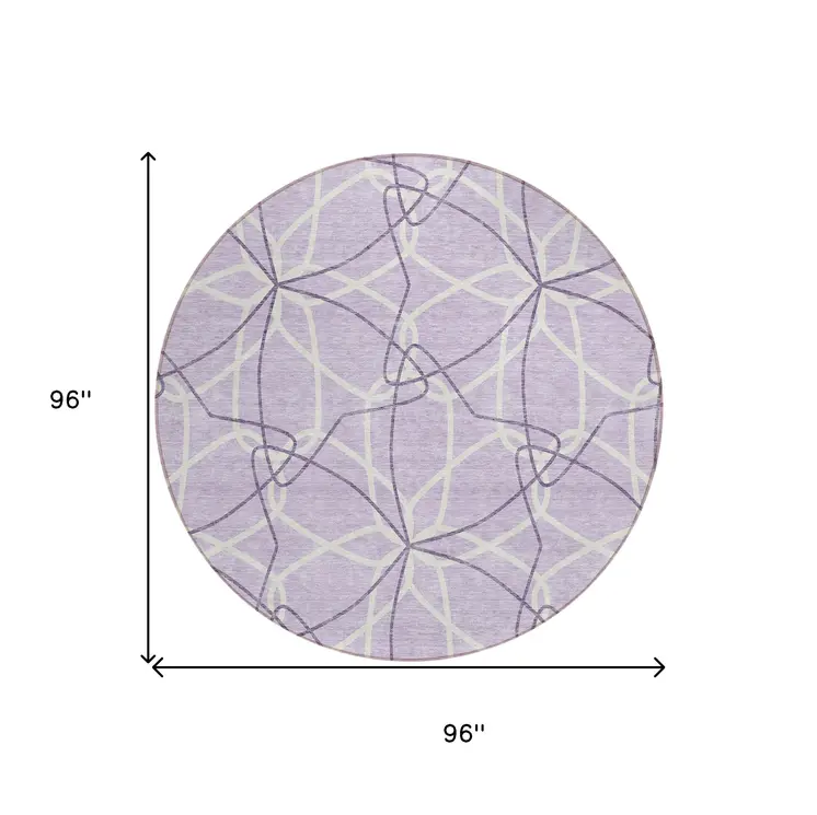 8' Lavender And Ivory Round Geometric Washable Indoor Outdoor Area Rug