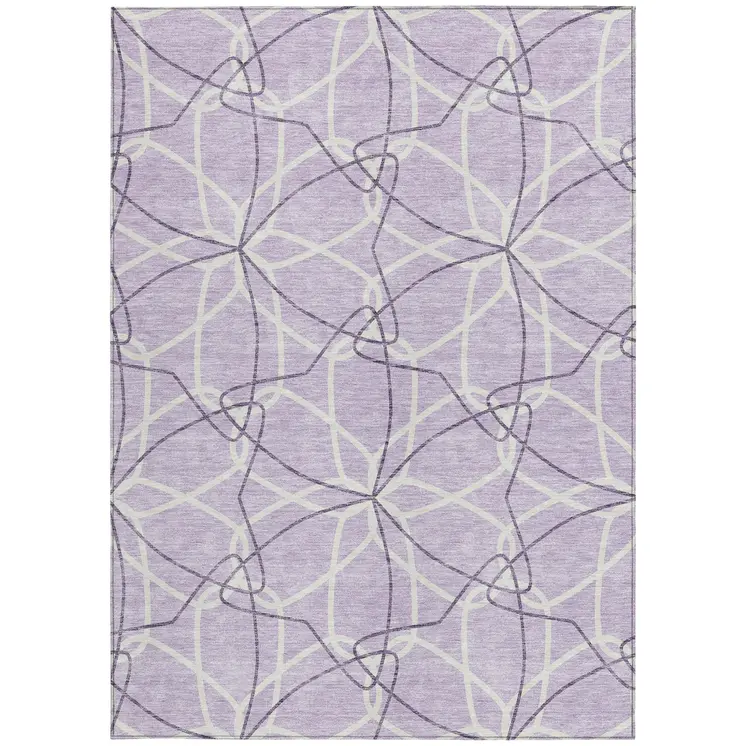 9' X 12' Lavender And Ivory Geometric Washable Indoor Outdoor Area Rug
