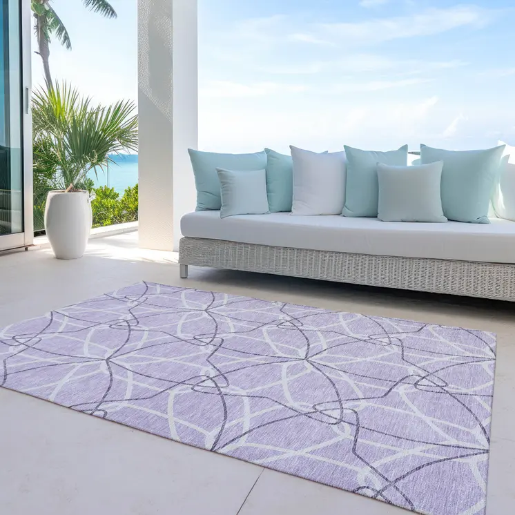 9' X 12' Lavender And Ivory Geometric Washable Indoor Outdoor Area Rug