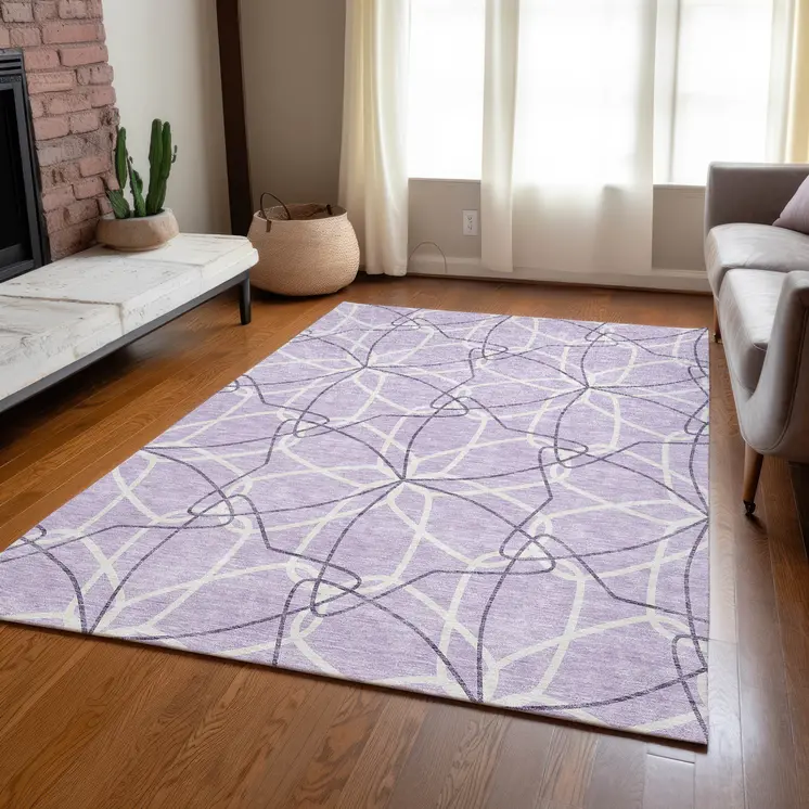 9' X 12' Lavender And Ivory Geometric Washable Indoor Outdoor Area Rug