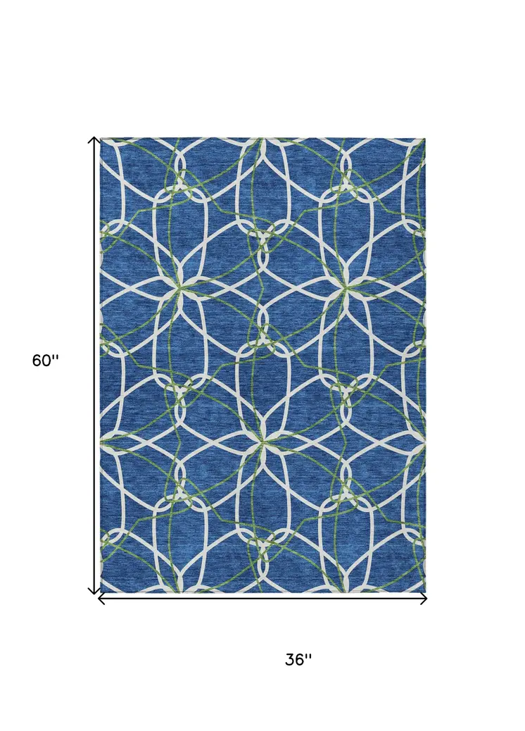 3' X 5' Navy Blue And Ivory Geometric Washable Indoor Outdoor Area Rug