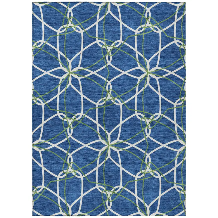 3' X 5' Navy Blue And Ivory Geometric Washable Indoor Outdoor Area Rug