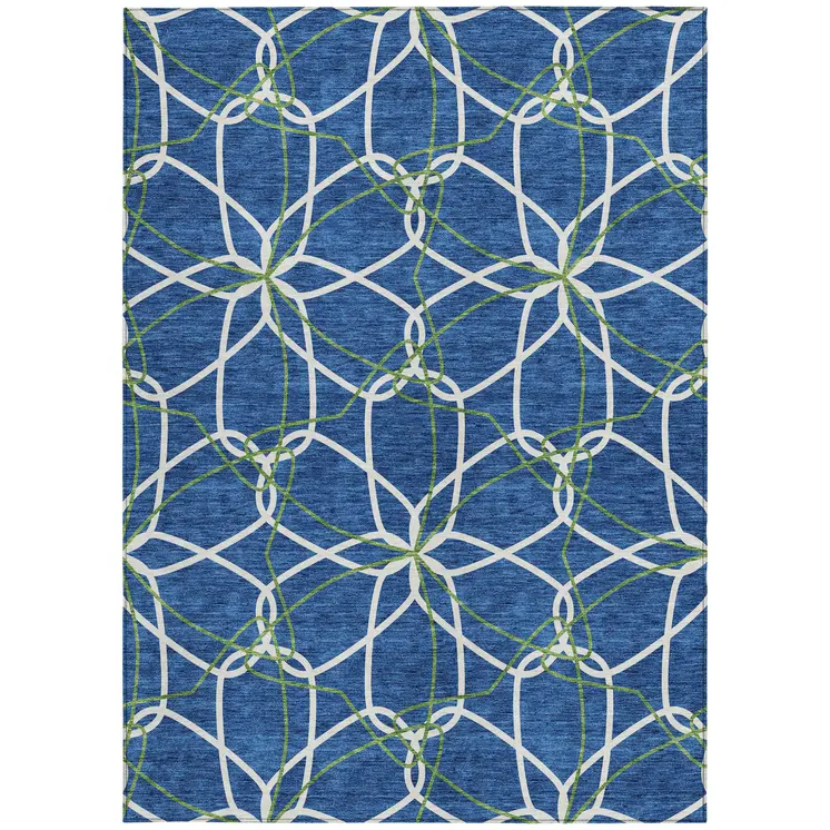 3' X 5' Navy Blue And Ivory Geometric Washable Indoor Outdoor Area Rug