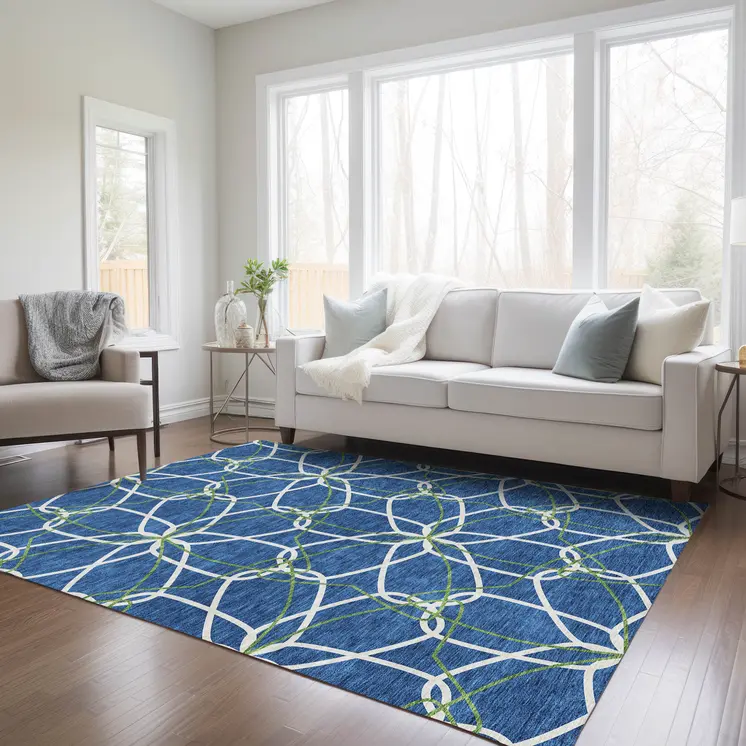 3' X 5' Navy Blue And Ivory Geometric Washable Indoor Outdoor Area Rug
