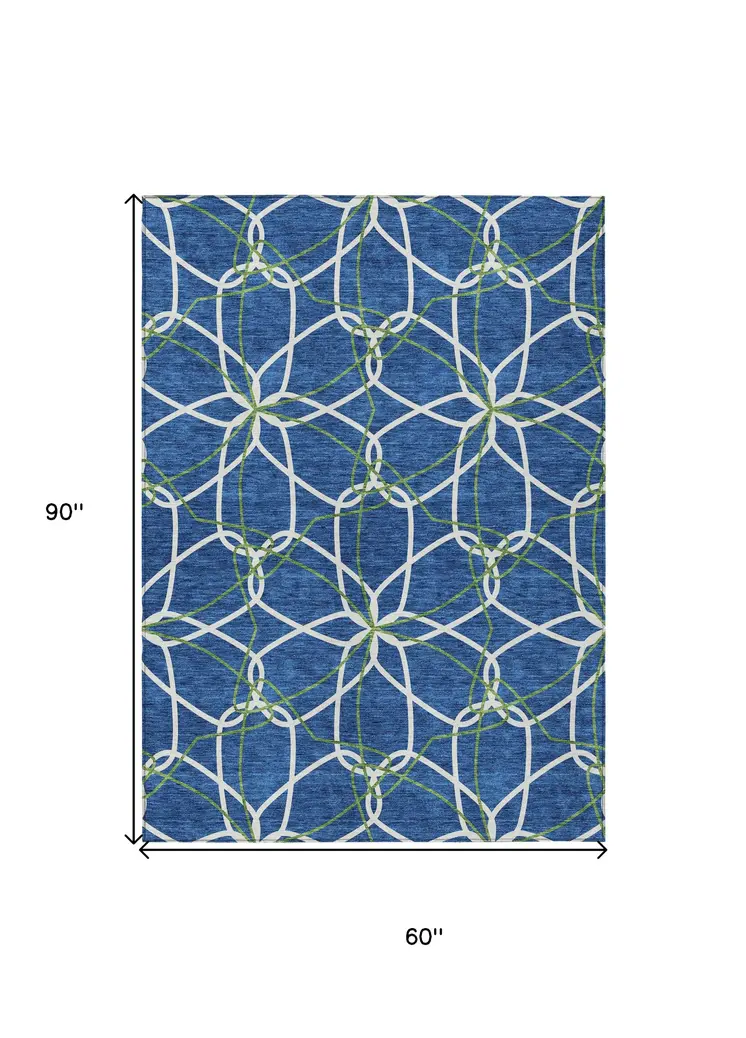 5' X 8' Navy Blue And Ivory Geometric Washable Indoor Outdoor Area Rug