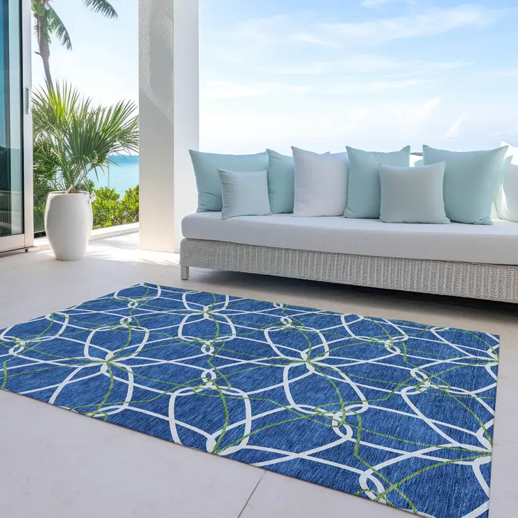 5' X 8' Navy Blue And Ivory Geometric Washable Indoor Outdoor Area Rug