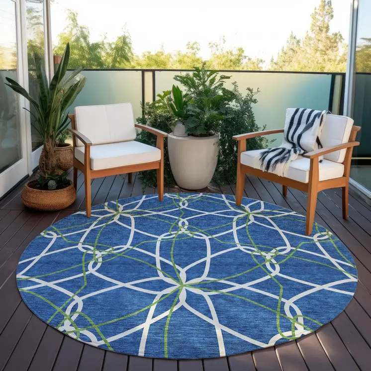 8' Navy Blue And Ivory Round Geometric Washable Indoor Outdoor Area Rug