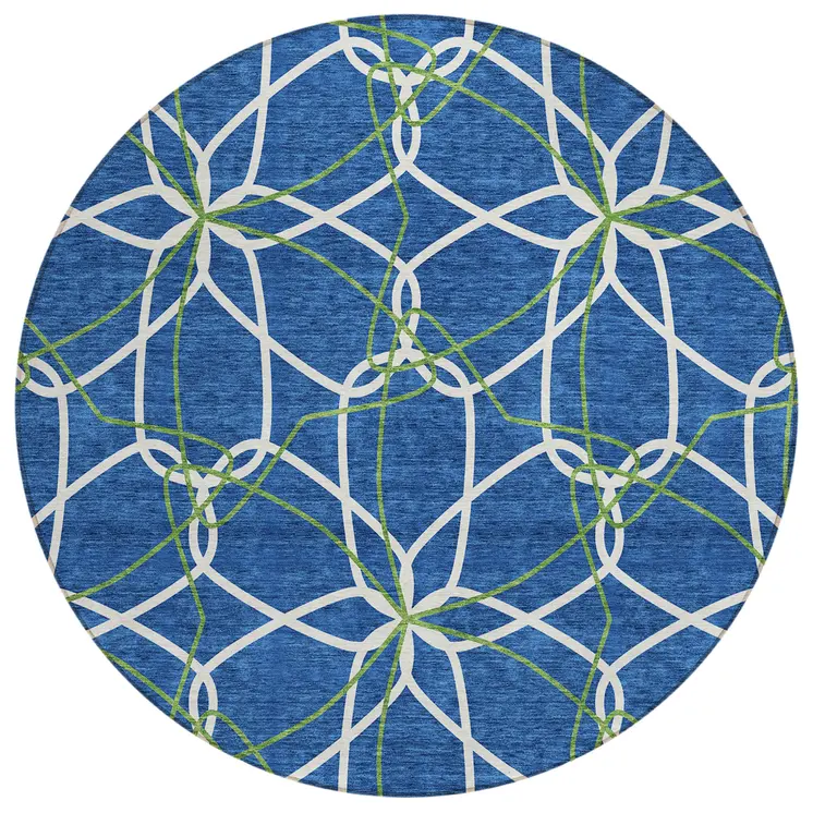 8' Navy Blue And Ivory Round Geometric Washable Indoor Outdoor Area Rug
