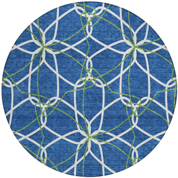 8' Navy Blue And Ivory Round Geometric Washable Indoor Outdoor Area Rug