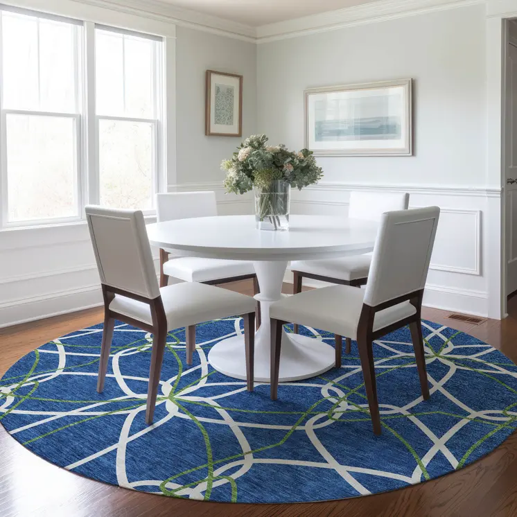 8' Navy Blue And Ivory Round Geometric Washable Indoor Outdoor Area Rug