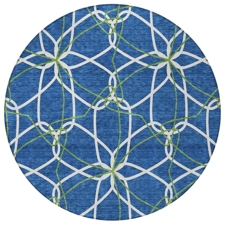 8' Navy Blue And Ivory Round Geometric Washable Indoor Outdoor Area Rug