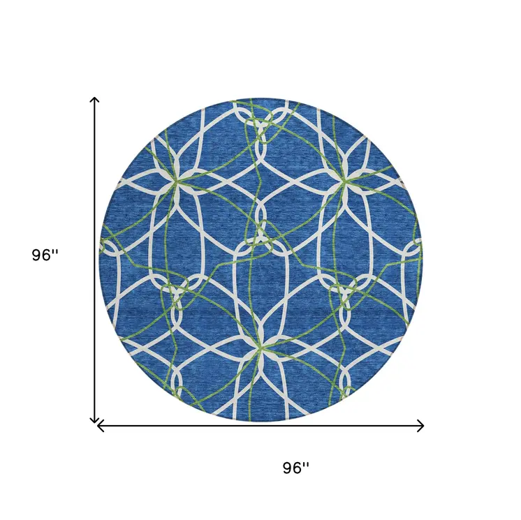8' Navy Blue And Ivory Round Geometric Washable Indoor Outdoor Area Rug