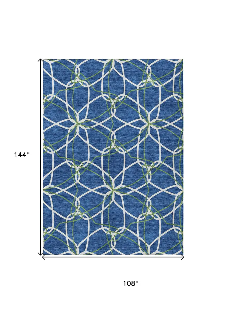 9' X 12' Navy Blue And Ivory Geometric Washable Indoor Outdoor Area Rug