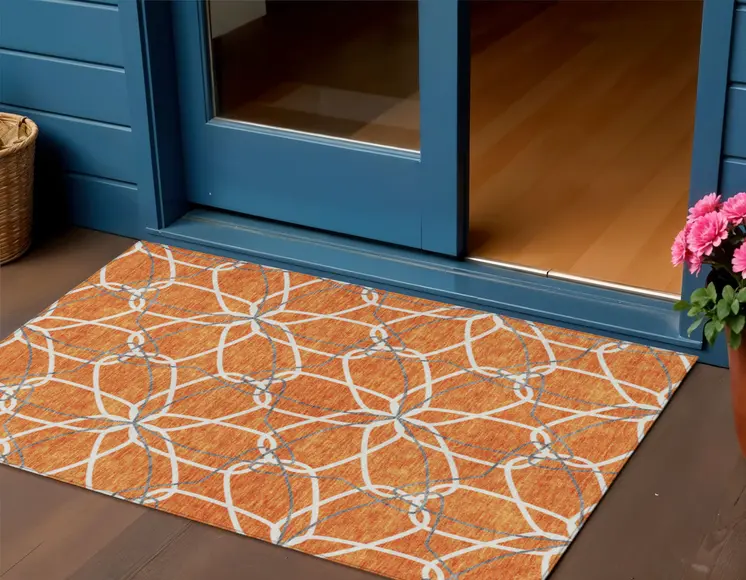 3' X 5' Orange And Ivory Geometric Washable Indoor Outdoor Area Rug