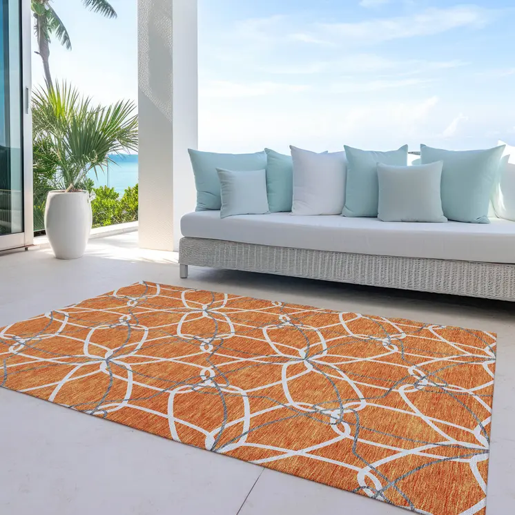 3' X 5' Orange And Ivory Geometric Washable Indoor Outdoor Area Rug
