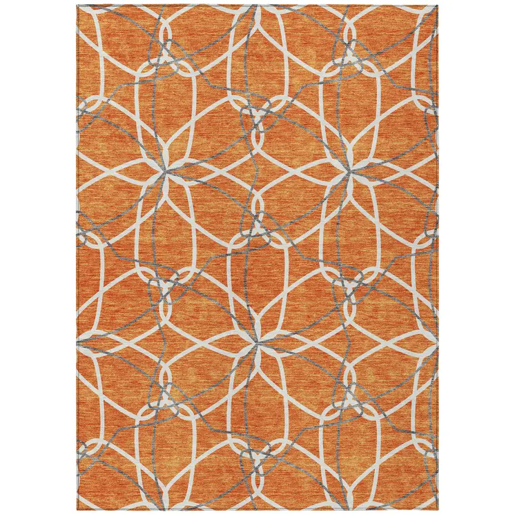 3' X 5' Orange And Ivory Geometric Washable Indoor Outdoor Area Rug