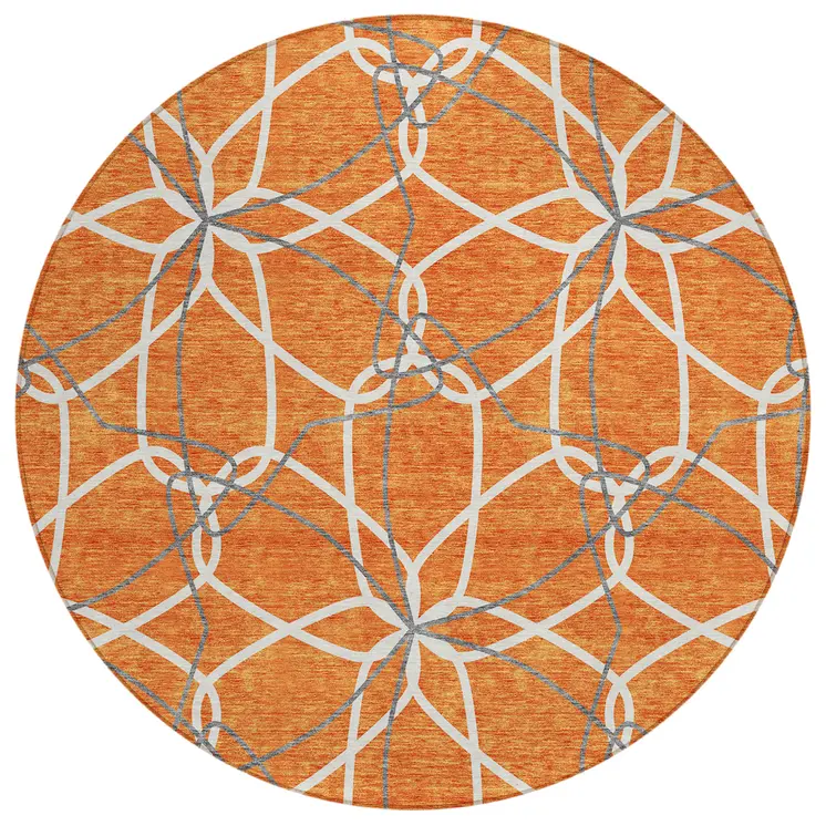 8' Orange And Ivory Round Geometric Washable Indoor Outdoor Area Rug