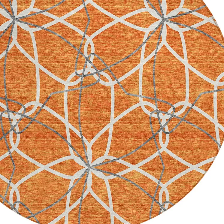 8' Orange And Ivory Round Geometric Washable Indoor Outdoor Area Rug