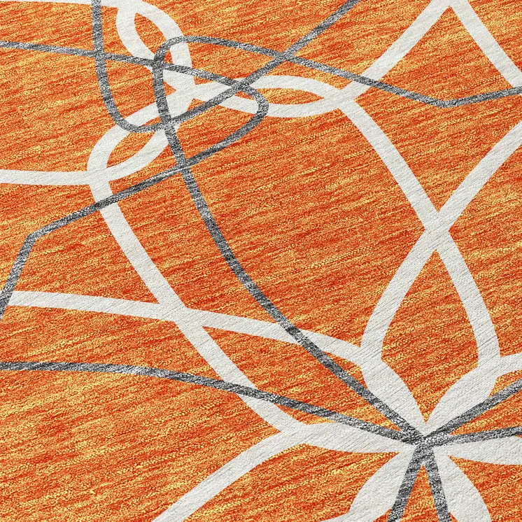 8' Orange And Ivory Round Geometric Washable Indoor Outdoor Area Rug