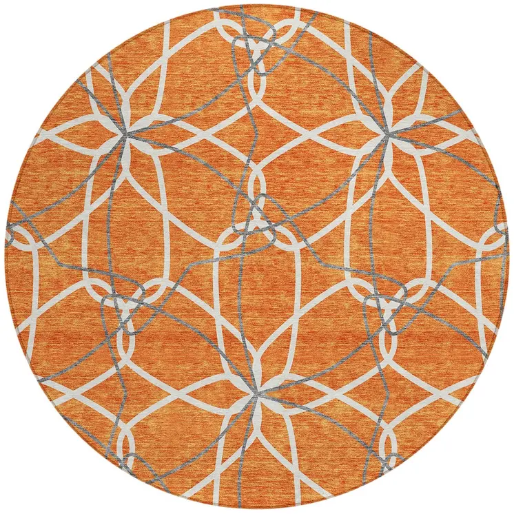 8' Orange And Ivory Round Geometric Washable Indoor Outdoor Area Rug
