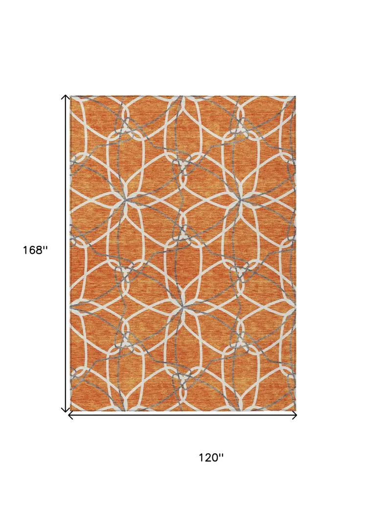 10' X 14' Orange And Ivory Geometric Washable Indoor Outdoor Area Rug