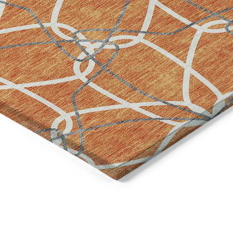 10' X 14' Orange And Ivory Geometric Washable Indoor Outdoor Area Rug