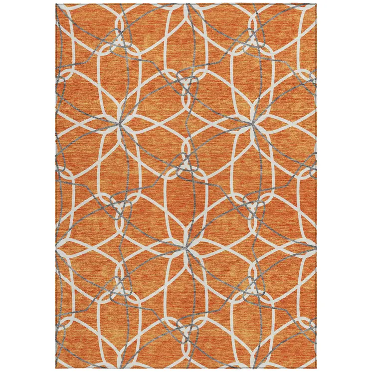 10' X 14' Orange And Ivory Geometric Washable Indoor Outdoor Area Rug