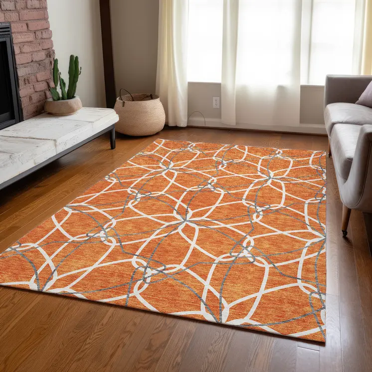 10' X 14' Orange And Ivory Geometric Washable Indoor Outdoor Area Rug