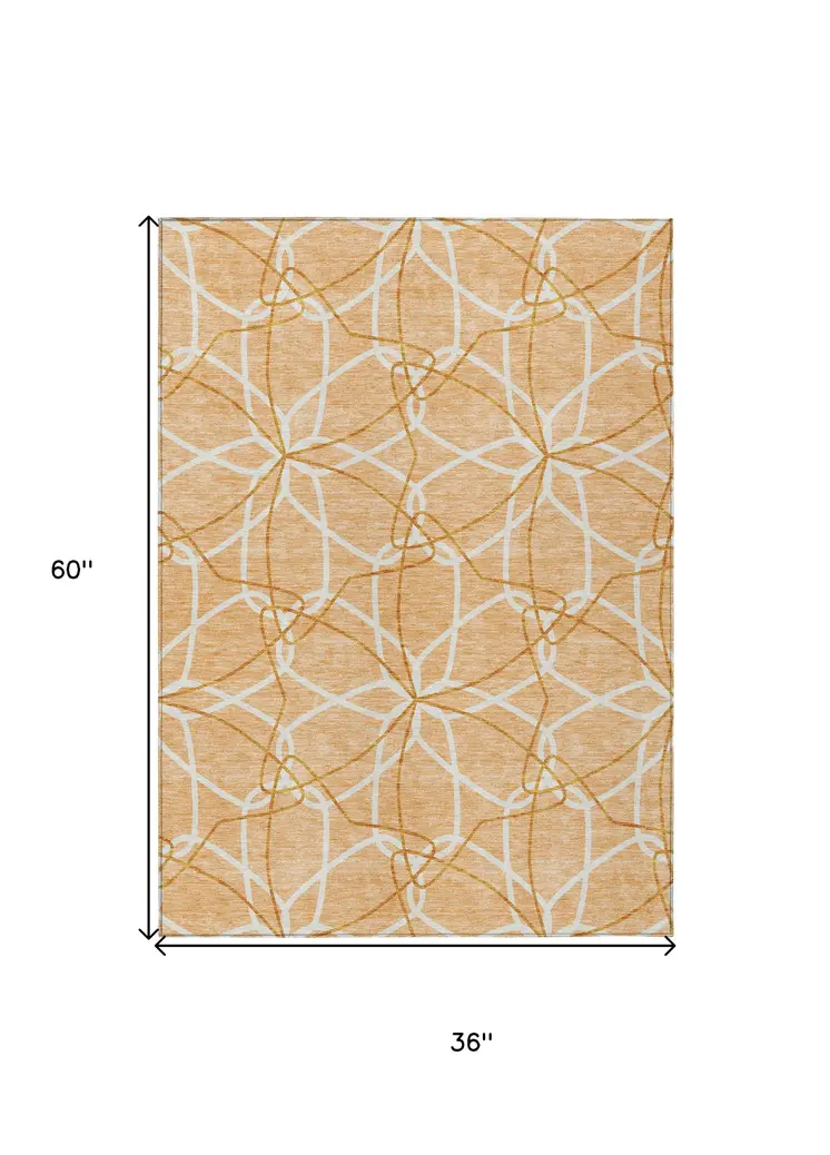 3' X 5' Peach And Ivory Geometric Washable Indoor Outdoor Area Rug