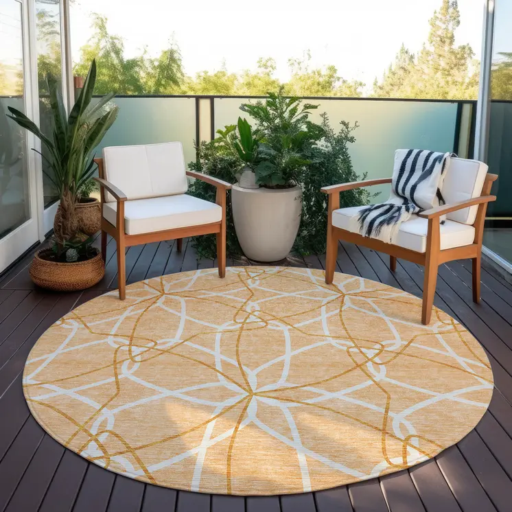 8' Peach And Ivory Round Geometric Washable Indoor Outdoor Area Rug