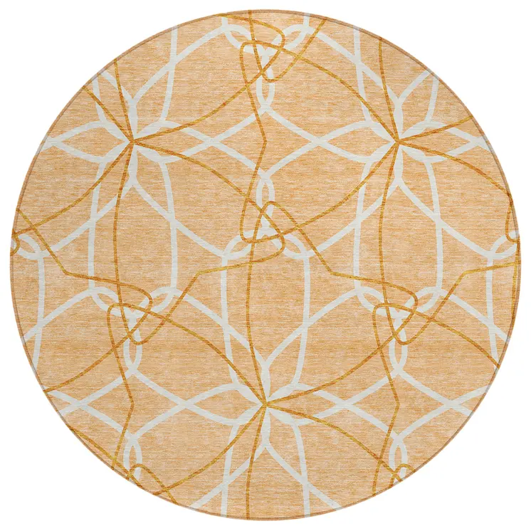 8' Peach And Ivory Round Geometric Washable Indoor Outdoor Area Rug