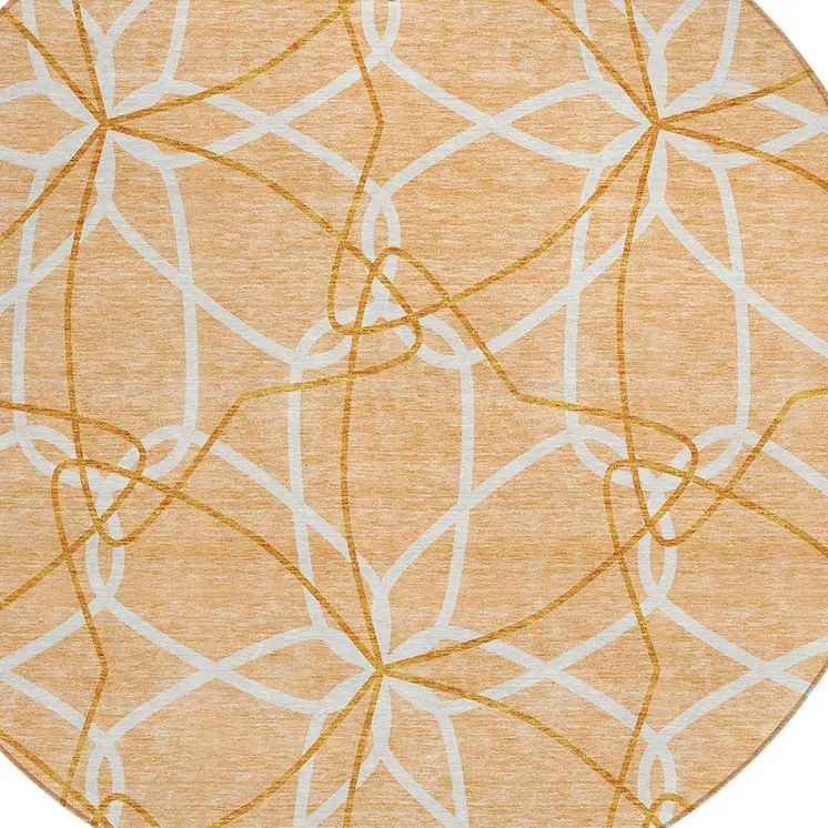 8' Peach And Ivory Round Geometric Washable Indoor Outdoor Area Rug