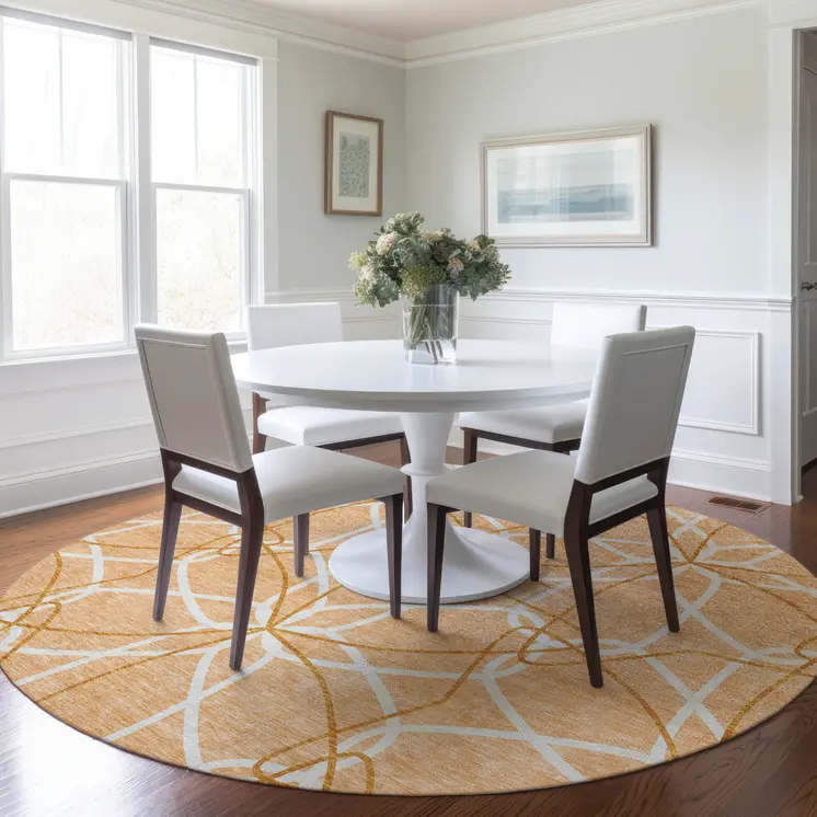 8' Peach And Ivory Round Geometric Washable Indoor Outdoor Area Rug