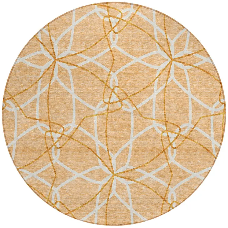 8' Peach And Ivory Round Geometric Washable Indoor Outdoor Area Rug