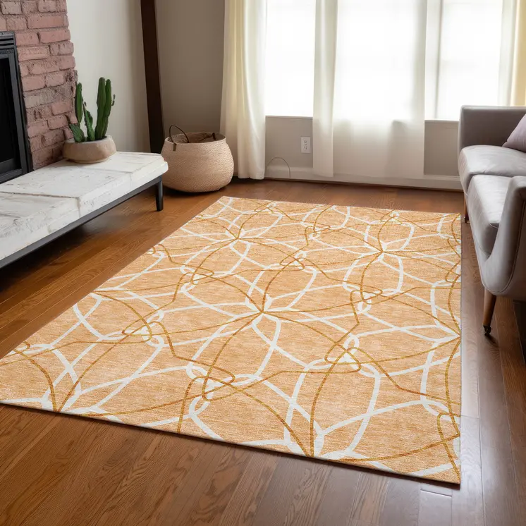 8' X 10' Peach And Ivory Geometric Washable Indoor Outdoor Area Rug