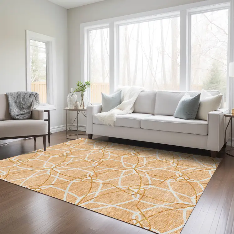 9' X 12' Peach And Ivory Geometric Washable Indoor Outdoor Area Rug