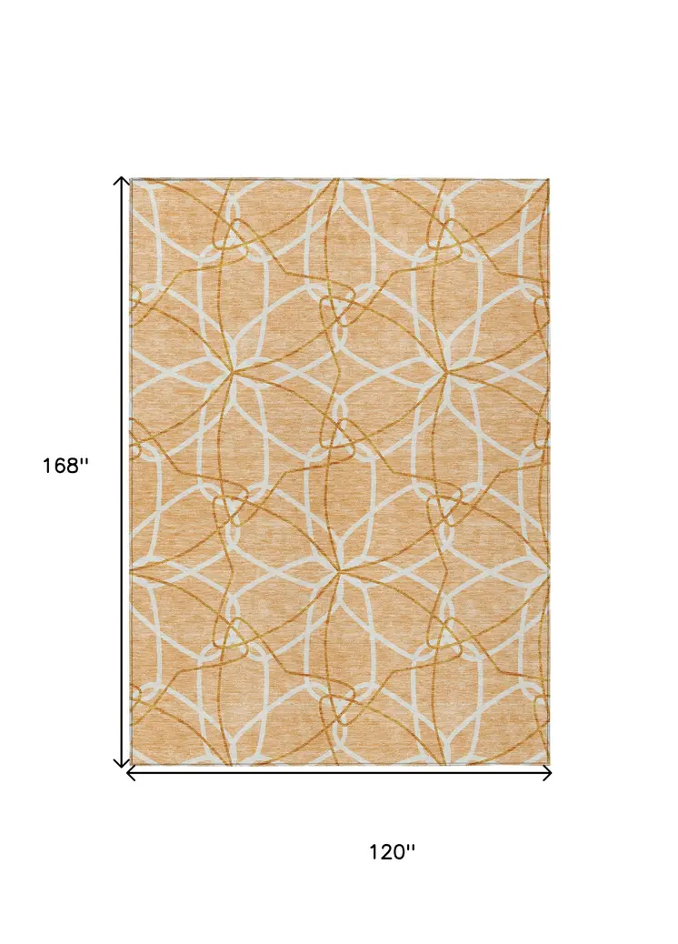 10' X 14' Peach And Ivory Geometric Washable Indoor Outdoor Area Rug