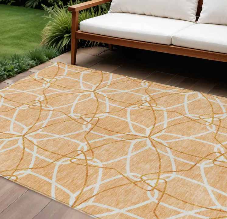 10' X 14' Peach And Ivory Geometric Washable Indoor Outdoor Area Rug