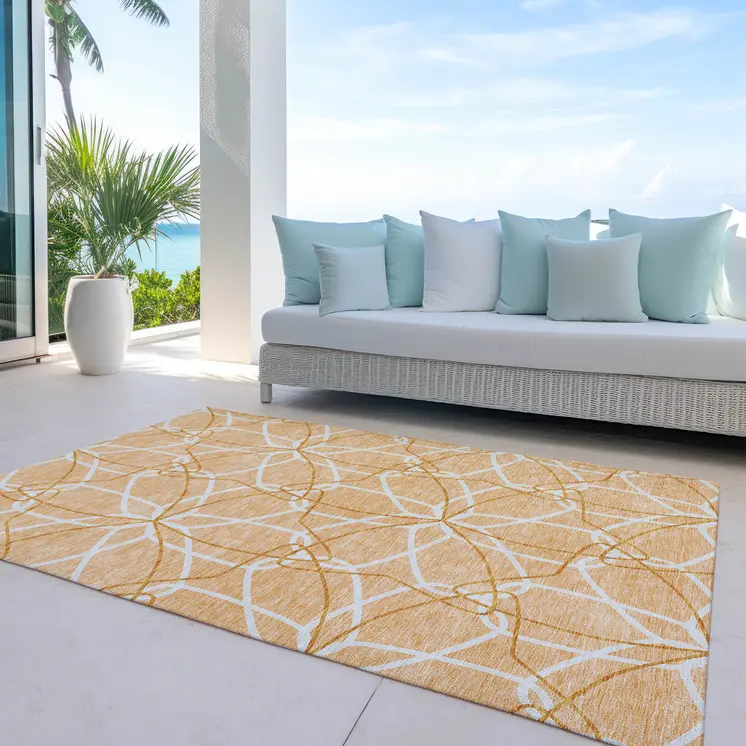 10' X 14' Peach And Ivory Geometric Washable Indoor Outdoor Area Rug