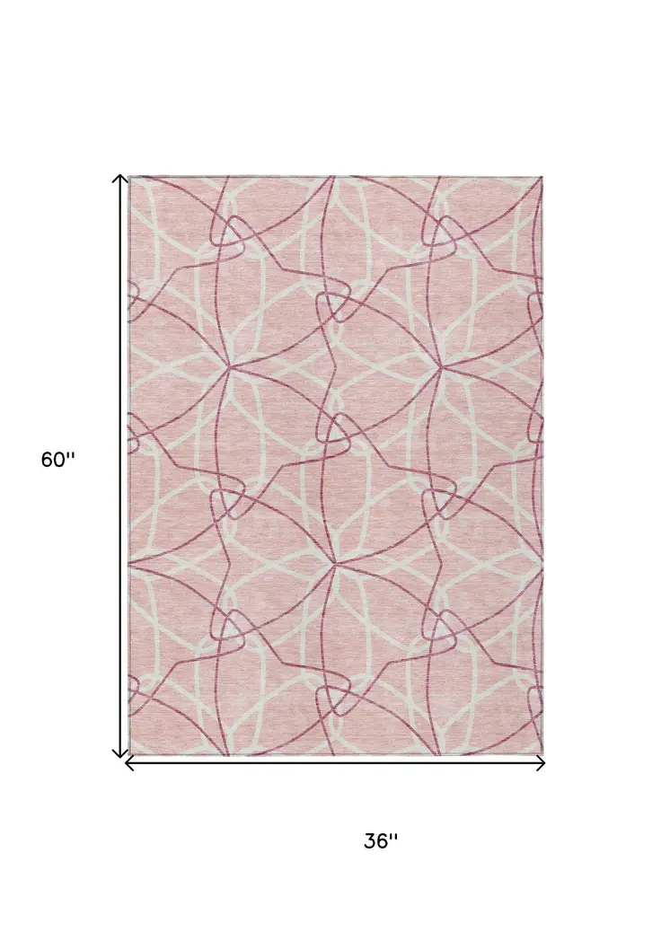 3' X 5' Pink And Ivory Geometric Washable Indoor Outdoor Area Rug