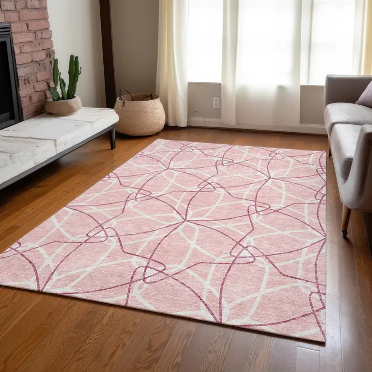 3' X 5' Pink And Ivory Geometric Washable Indoor Outdoor Area Rug