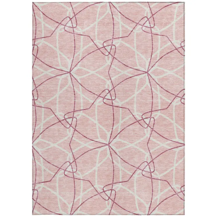 5' X 8' Pink And Ivory Geometric Washable Indoor Outdoor Area Rug