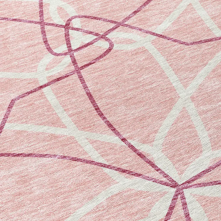 8' Pink And Ivory Round Geometric Washable Indoor Outdoor Area Rug