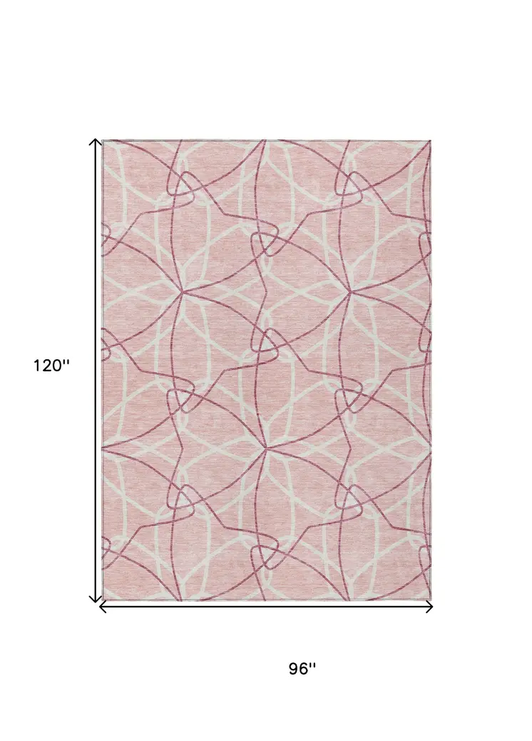 8' X 10' Pink And Ivory Geometric Washable Indoor Outdoor Area Rug